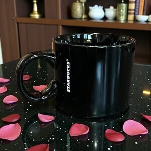 Starbucks 2017 Black Wide Mouth Ceramic Mug White Logo Coffee Cup 12oz EUC